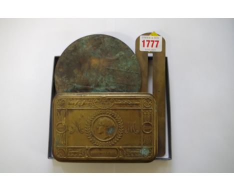 A World War I death plaque,&nbsp;to Frederick Charles Ford; together with a Christmas 1914 brass tin; and a brass button poli