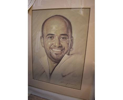 Tennis: a pastel portrait of Andre Agassi by Richard Goudreau, 44 x 32cm; together with a signed photograph of Serena William