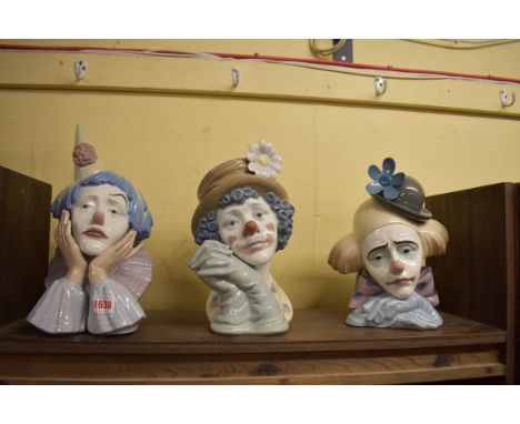 Three Lladro clowns, to include, 'Melancholy', 5542; 'Sad Jester', 5129; and 'Pensive', 5130.&nbsp; 