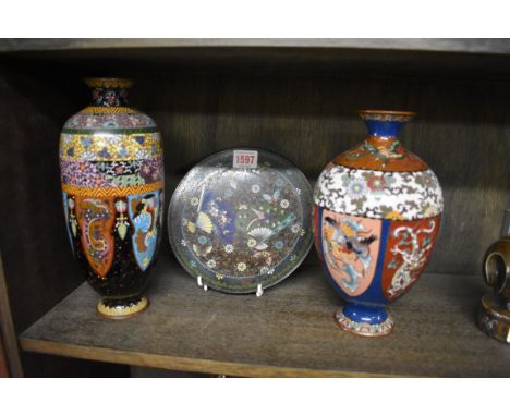 Two Japanese cloisonne enamel vases, largest 24cm; together with a similar plate.&nbsp;&nbsp; 