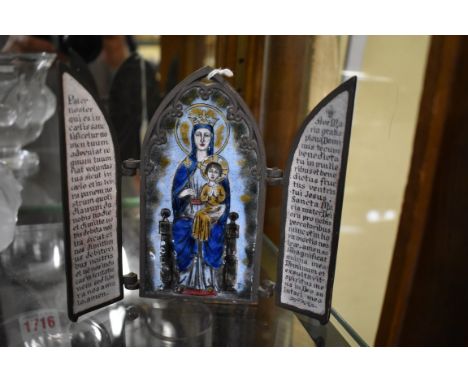 A Limoges brass and enamel triptych of Virgin and Child,&nbsp;13.5cm high. 