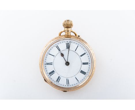 An 18 carat yellow gold open face small pocket watch.  The white enamel dial having a Roman numeral chapter ring.  The outer 