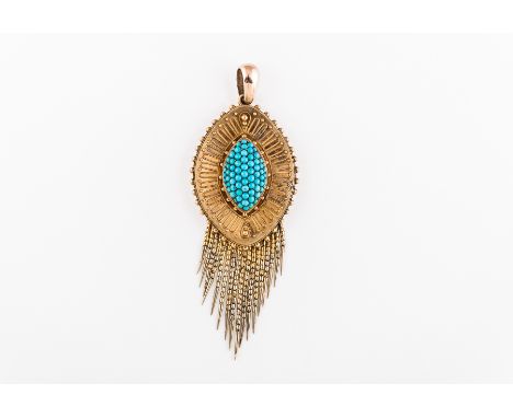 A Victorian yellow metal Etruscan style lozenge shape pendant, decorated with wire work and beads having a raised centre set 