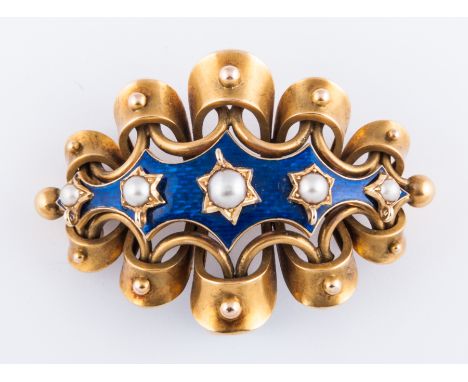 A Victorian yellow metal frosted gilded buckle design brooch, with outer ribbon and bead border and central blue guilloche en