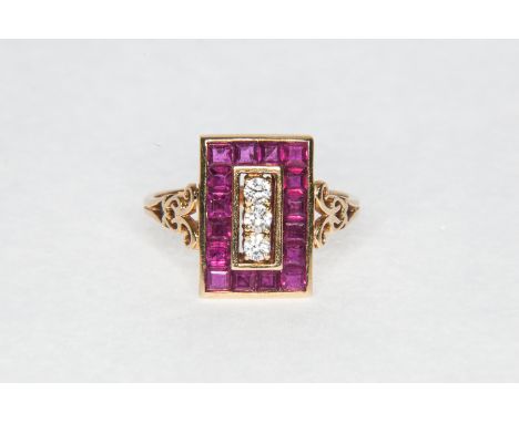 A ruby and diamond rectangular cluster ring, diamonds (3), brilliant cut stones claw set vertically and surrounded by rubies 