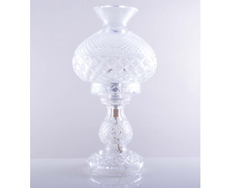 A lead crystal table lamp, hobnail cut mushroom shade, pear shaped stem, circular base, 36cm overall.