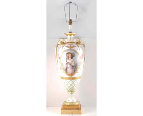 A Sevres style porcelain amphora shaped vase, modern, serving as a lamp base, twin beaded scroll handles, reserves painted wi