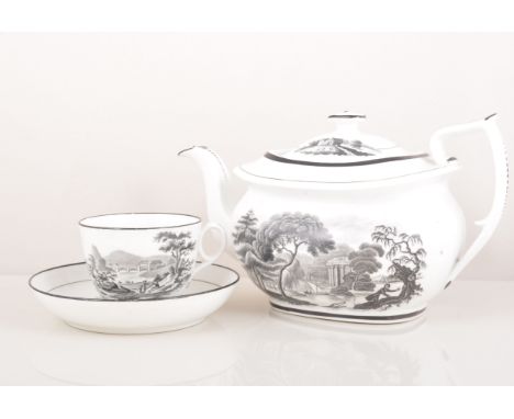 A New Hall porcelain bat printed silver-shaped teapot, early 19th Century, decorated with scene on the Nile and with rural vi