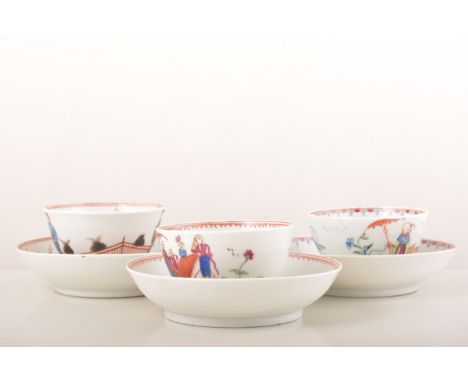 A New Hall polychrome porcelain tea bowl and saucer, boy and butterfly pattern, circa 1800, decorated with Mandarin figures a