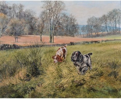 Henry Wilkinson,
Two Spaniels in a landscape
signed, oil on canvas
46cm x 56cm.
