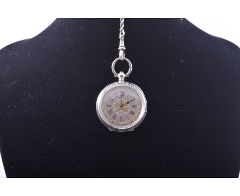 A Continental silver-cased fob watch, 800 standard, late 19th Century, engraved face with gilt numerals, key-wind lever movem