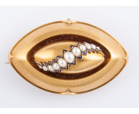 A Victorian yellow metal lozenge shaped brooch, the raised domed centre set with a scroll of eleven graduated pearls bordered