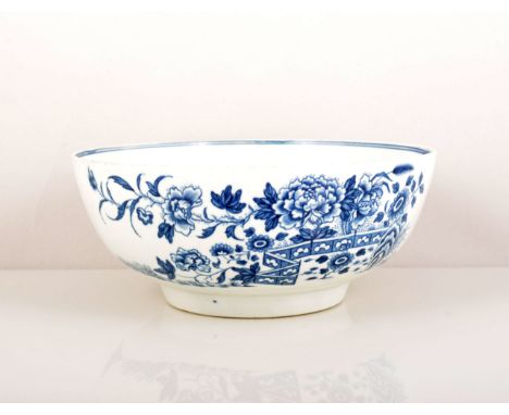 A First Period Worcester blue and white basin, transfer printed the "Fence" pattern, circa 1780, hatched crescent mark, diame