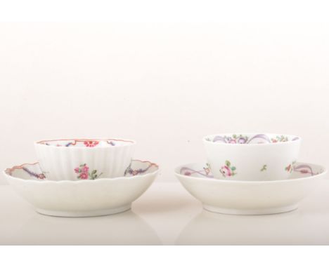 A New Hall polychrome porcelain trio, late 18th Century, decorated with floral sprigs and a ribbon twist and a New Hall tea b