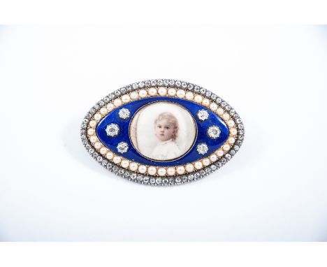 A lozenge shaped blue enamel, half pearl and diamond brooch, with a circular ceramic portrait miniature of a child to centre.