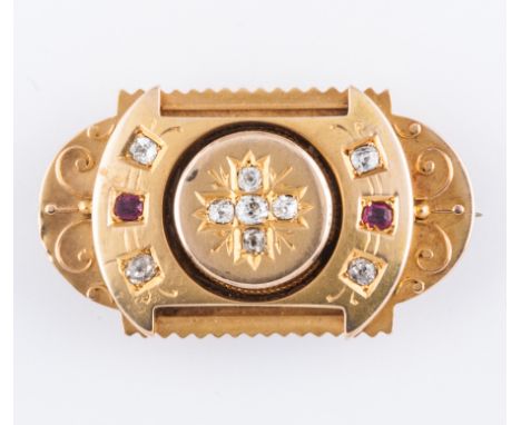 A Victorian yellow metal frost gilded brooch, with circular centre star gypsy set with diamonds (5), old cut stones, the rais