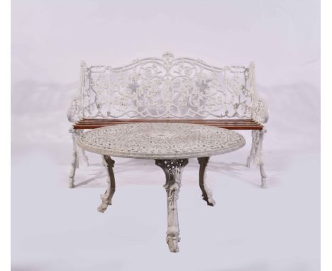 Painted metal Coalbrookdale style three-piece patio suite, designed with scrolling foliage and fruiting vines, comprising: be