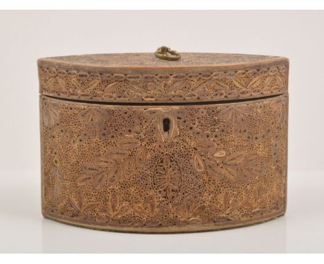A George III rolled paper navette shape tea caddy, straight sided form, width 19cm.