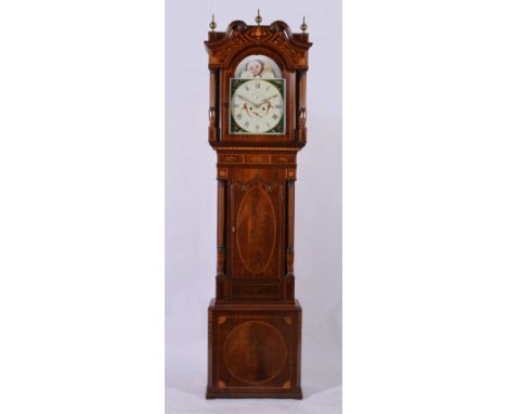 A George IV mahogany and inlaid longcase clock, possible Anglo-Irish, painted dial, with a moon phase lunette, subsidiary sec