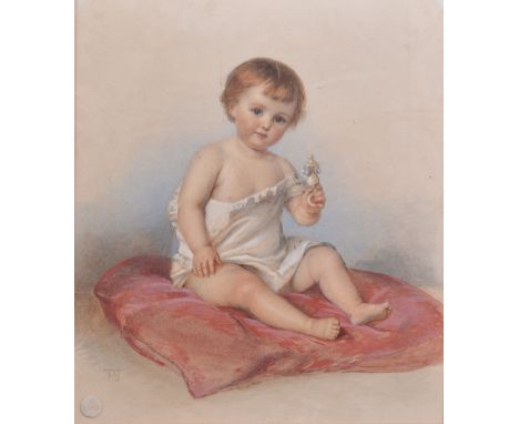 Monogramist TA J,
Portrait of a young child holding a rattle, seated on a cushion,
watercolour with body colour,
47 x 42cms.