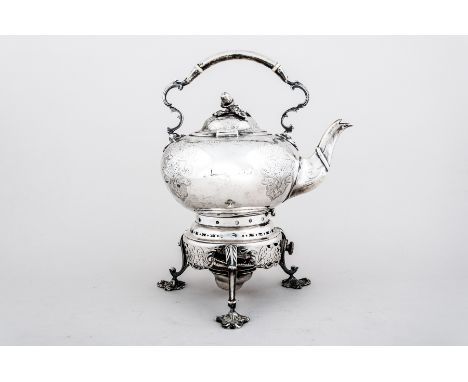 A Victorian silver spirit kettle, on stand, by Henry Holland, London 1866, in the George II style, compressed spherical bowl 