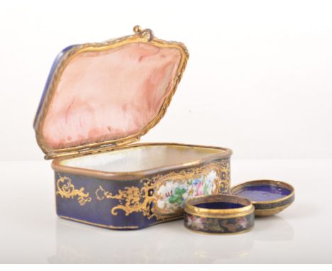 A Sevres style blue Royale serpentine bonbonnerie, probably late 19th Century, the lid reserved, painted with figures in a ga