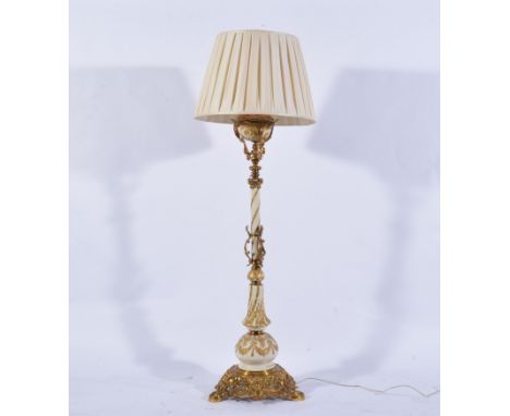 A French style gilt metal enamel and ceramic and standard oil lamp, adapted for electricity as floor lamp, rounded bowl in a 