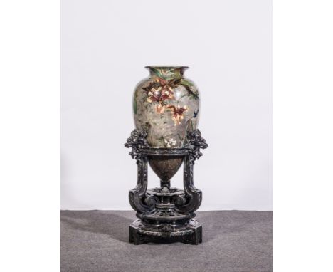 A Minton Faience type floor standing amphora, painted with flowers, foliage and birds, signed R Pilsbury, supported on tortoi