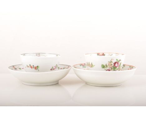 A New Hall polychrome porcelain tea bowl and saucer, late 18th Century, decorated with floral sprigs and pendant flowers and 