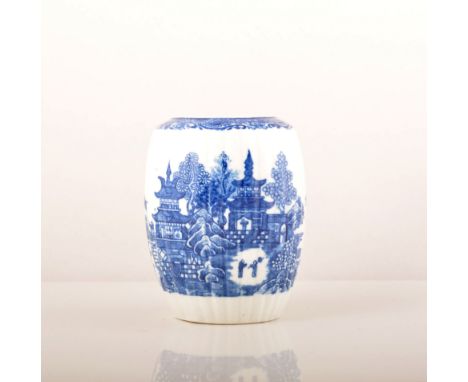 A Caughley blue and white barrel-shaped tea caddy, printed Temple pattern, late 18th Century, lightly fluted, 'S' mark, (lack