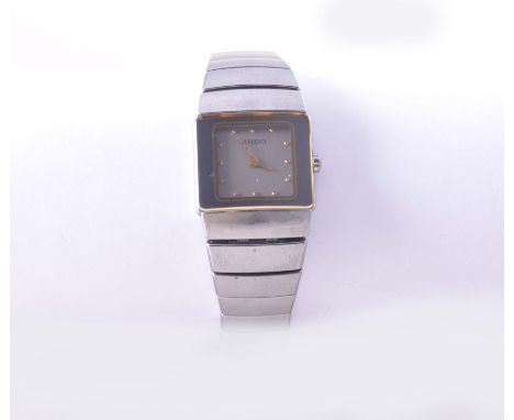 Rado - A lady's Rado black ceramic wrist watch having a square grey dial with gold coloured points in a heamatite coloured ca