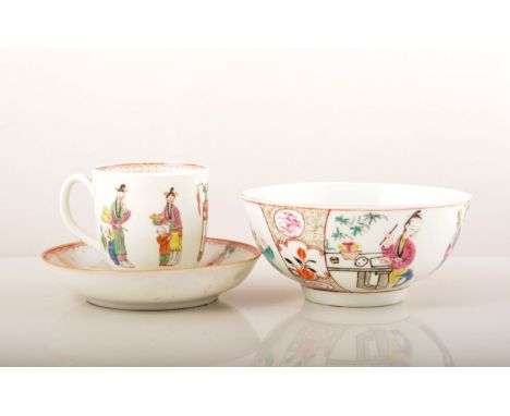 A First Period Worcester polychrome coffee cup, circa 1770, decorated with Mandarin figures, 7cms, a Chinese famille rose sau