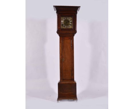 An oak longcase clock, square brass dials, signed Danl Dalton, Church Lawford, silvered chapter ring, cast spandrels, single 