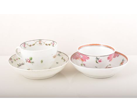 A New Hall polychrome porcelain tea cup and saucer, circa 1800, decorated with floral sprays and sprigs, a New Hall tea bowl 