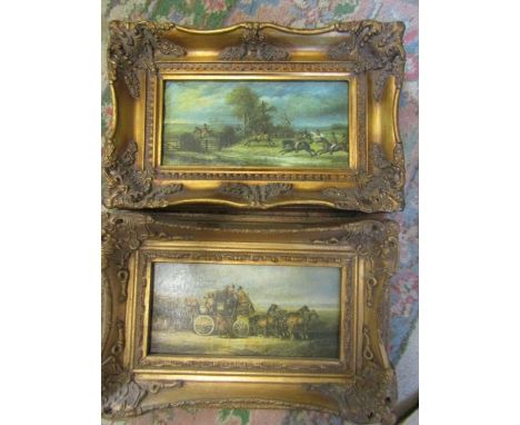 Horse and carriage print and Horses on a hunt  in matching gilt frames 14.4x9.5"