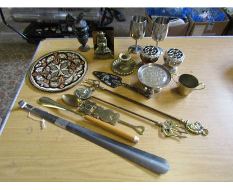 Mixed metal including letter holder, candle stick, cake slice and rose bowls etc