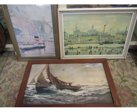 Lowry print 'Northern river scene' and 2 other boat theme prints