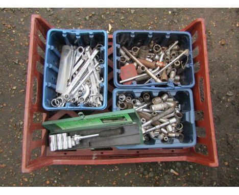 Tray of tools including spanners and socket sets etc