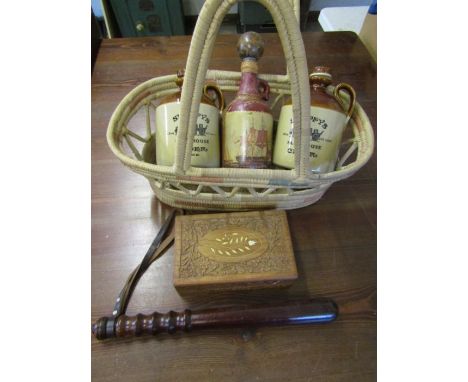 A Truncheon, cider flagons, box, leather decanter, tealite lamp, metal vase and basket