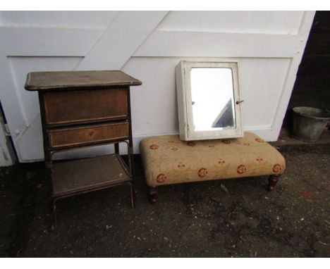 Bamboo table with drawer, painted wooden medicine cabinet with one missing glass shelf and upholstered footstool 