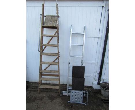 Wooden step ladder(for display purposes only) and alloy extending ladder with platform 