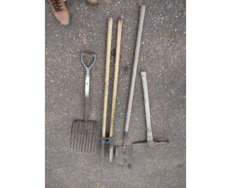 posthole borer, potato fork, pick axe and trench spade