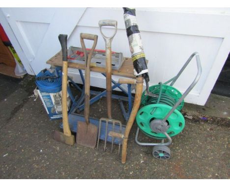 Workmate, hose pipe, water pump and tools including Hickory handle axe and scythe 