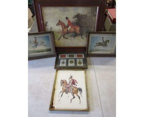 C. Spencelayh print of horse going out, 3 cavalier prints and framed cigarette silks 