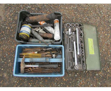 Tools including socket set, grease guns, hammer, drill bits and punches etc 