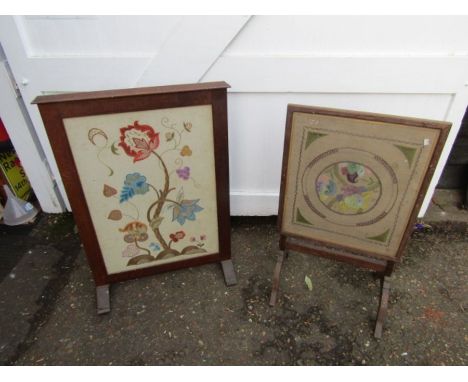 Wooden fire screens (one tilts to become table)with tapestry panels under glass