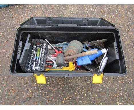 Toolbox with tools including socket set, grinding discs and rubber mallet etc