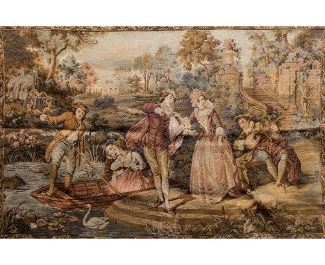 A French machine-made tapestry in the 18th century style depicting amorous couples and musicians in a garden landscape, 74 x 