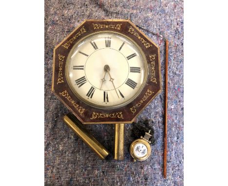 A late 19th century octagonal brass inlaid mahogany wall clock with weight driven movement and Roman enamel dial, 15in. (38cm