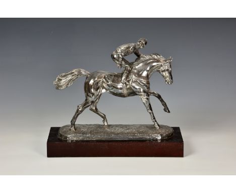 A contemporary silver (filled) figure of a racehorse with jockey up Camelot Silverware Ltd, Sheffield 1992, signed 'D. Geenty